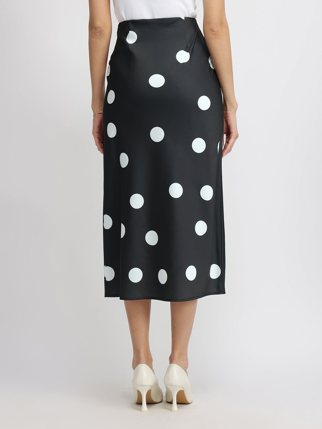 Satin Polka Dot Fitted Skirt - Black
