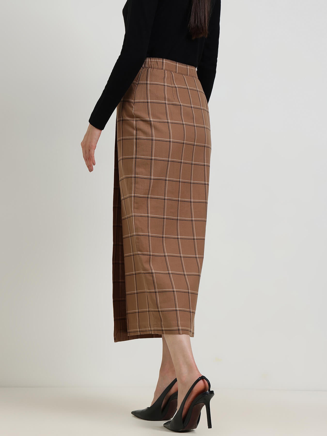 Cotton Plaid Wrap Midi Skirt - Brown