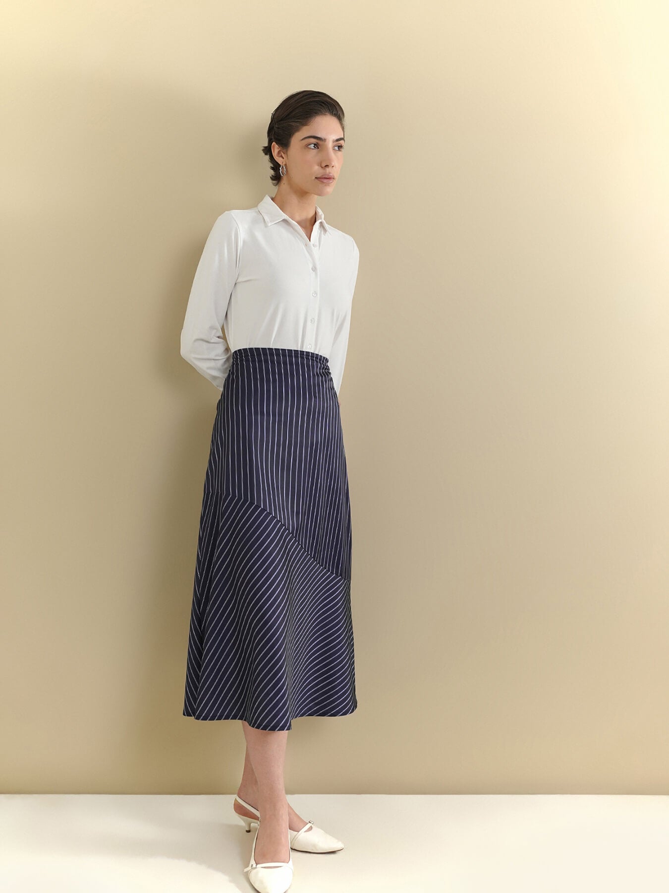 Striped Flared Skirt - Navy Blue