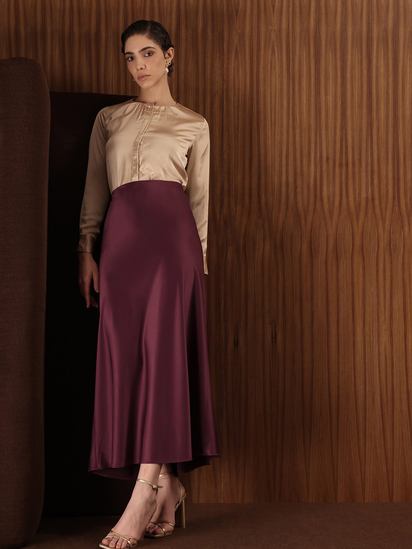 Satin A-Line Midi Skirt - Wine