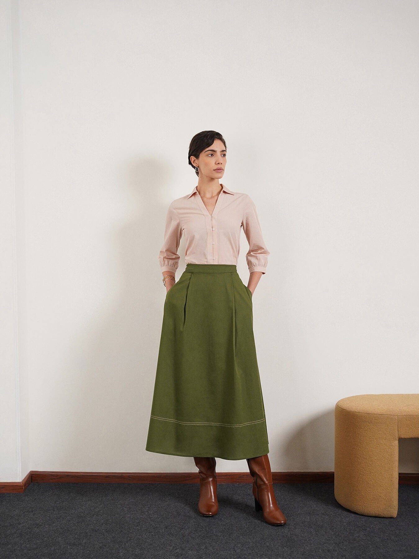 Pure Cotton Flared Skirt - Olive