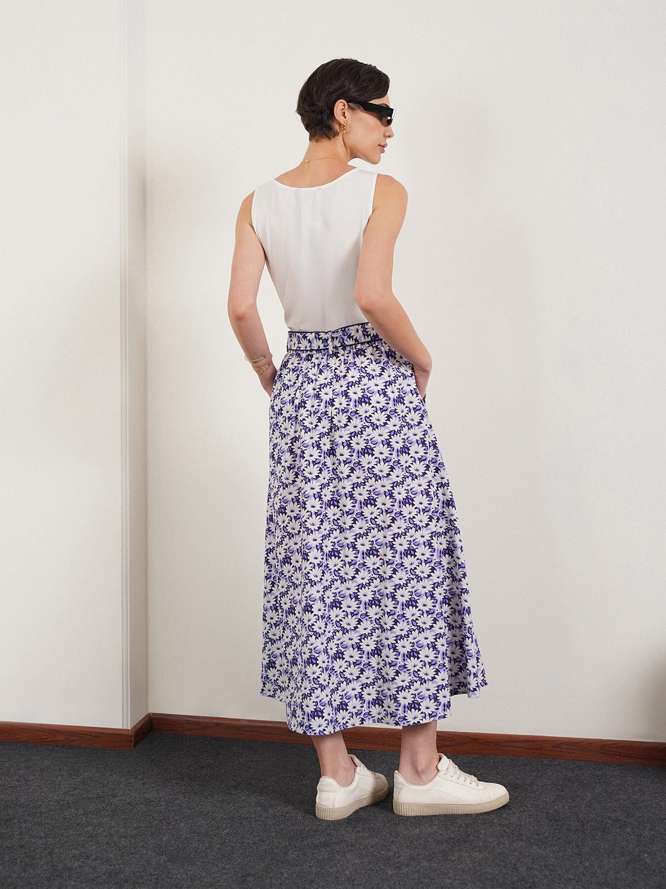 Cotton Flared Midi Skirt - Blue
