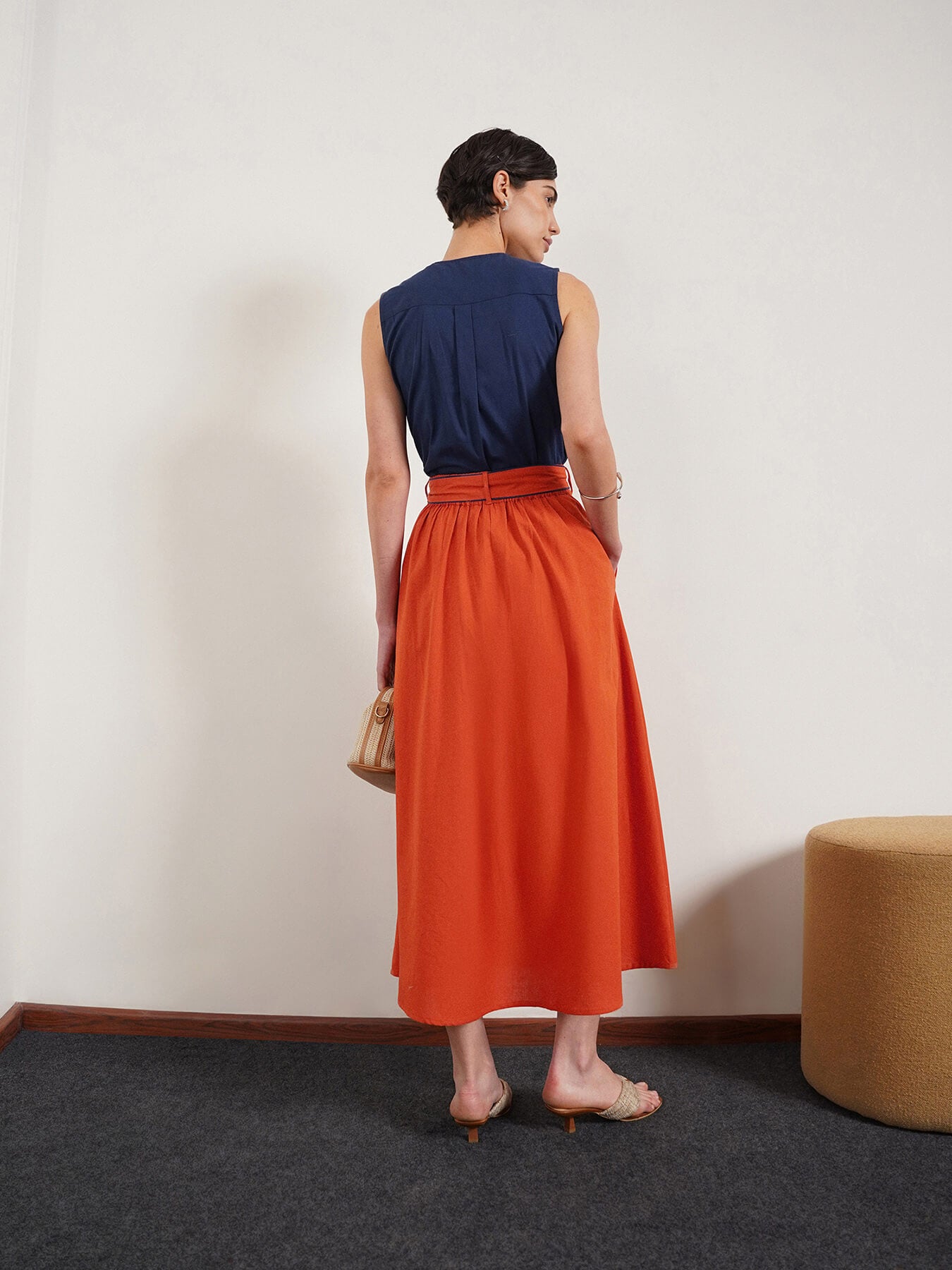 Pure Cotton Flared Skirt - Rust