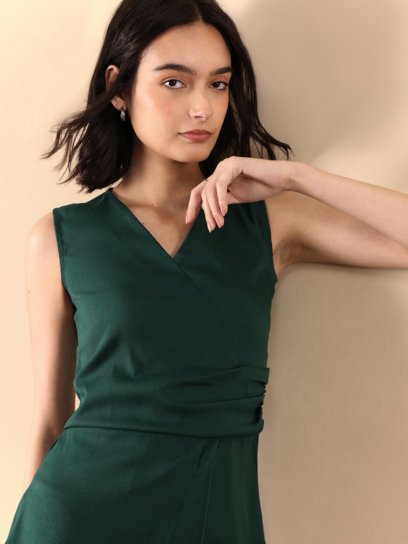 Solid V Neck Draped Top - Green