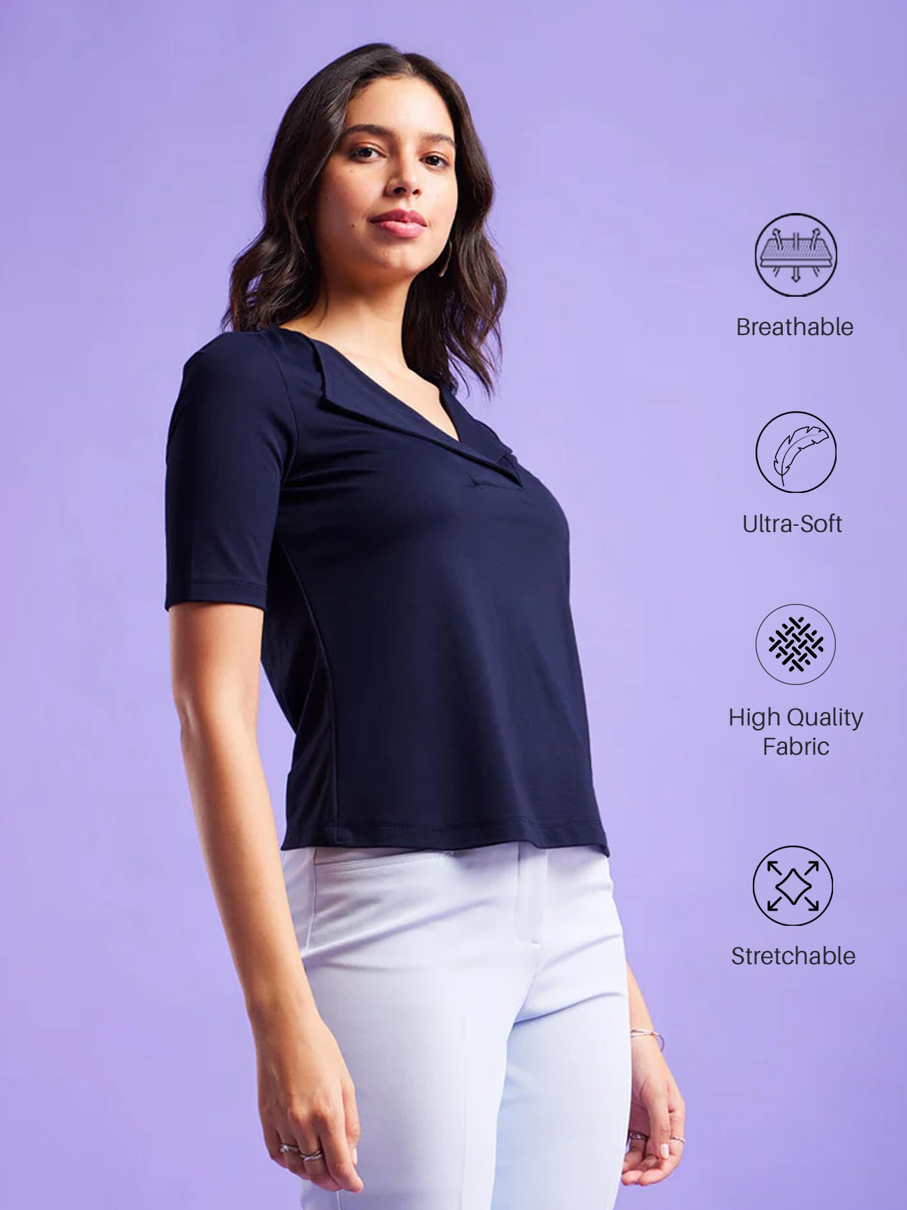 Detailed Collar Solid Top - Navy Blue