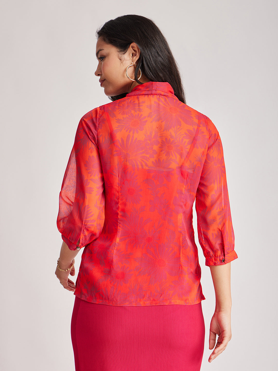 Floral Tie-up Top - Orange And Fuchsia