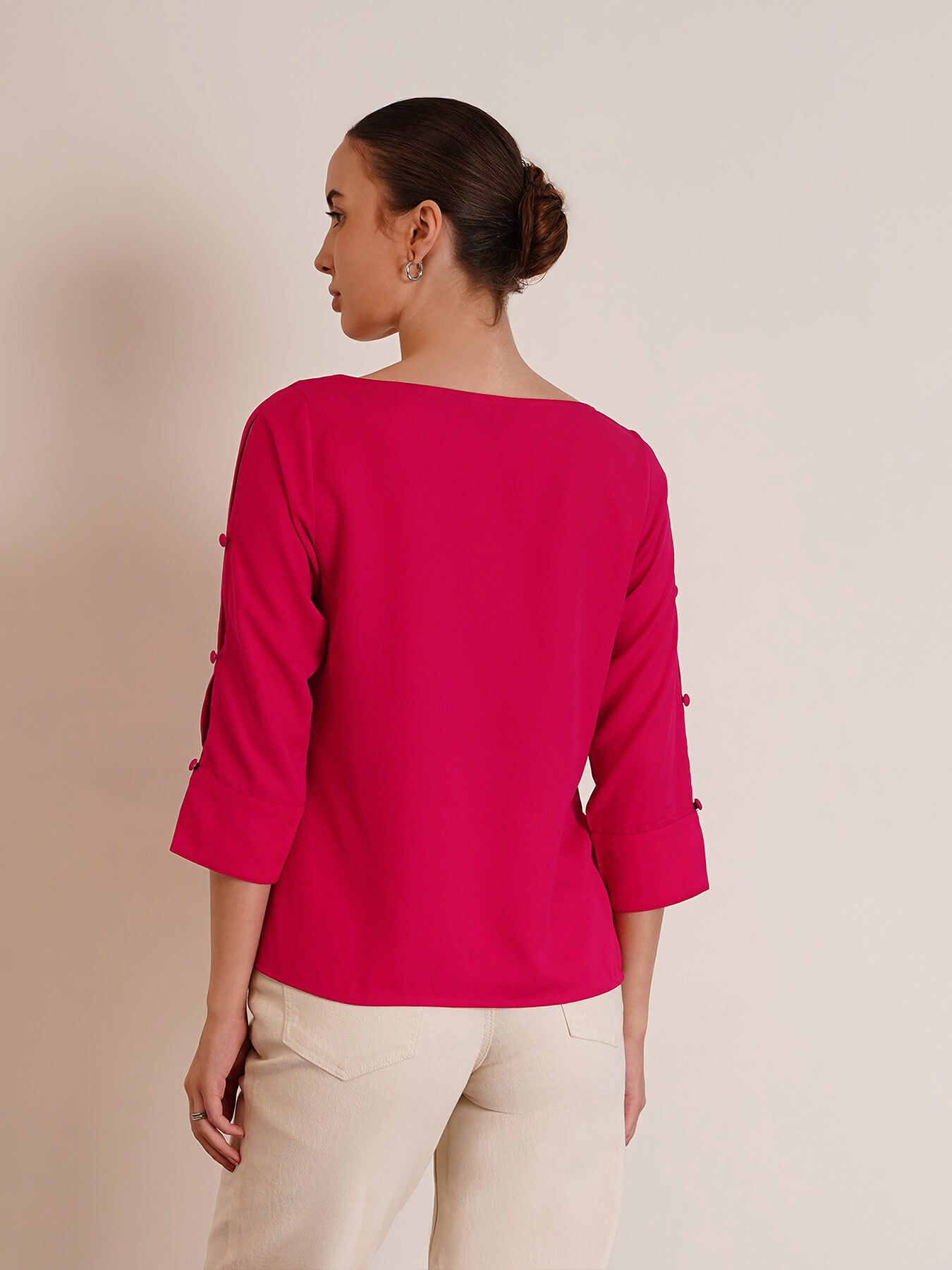 Boat Neck Button Detail Top - Fuchsia