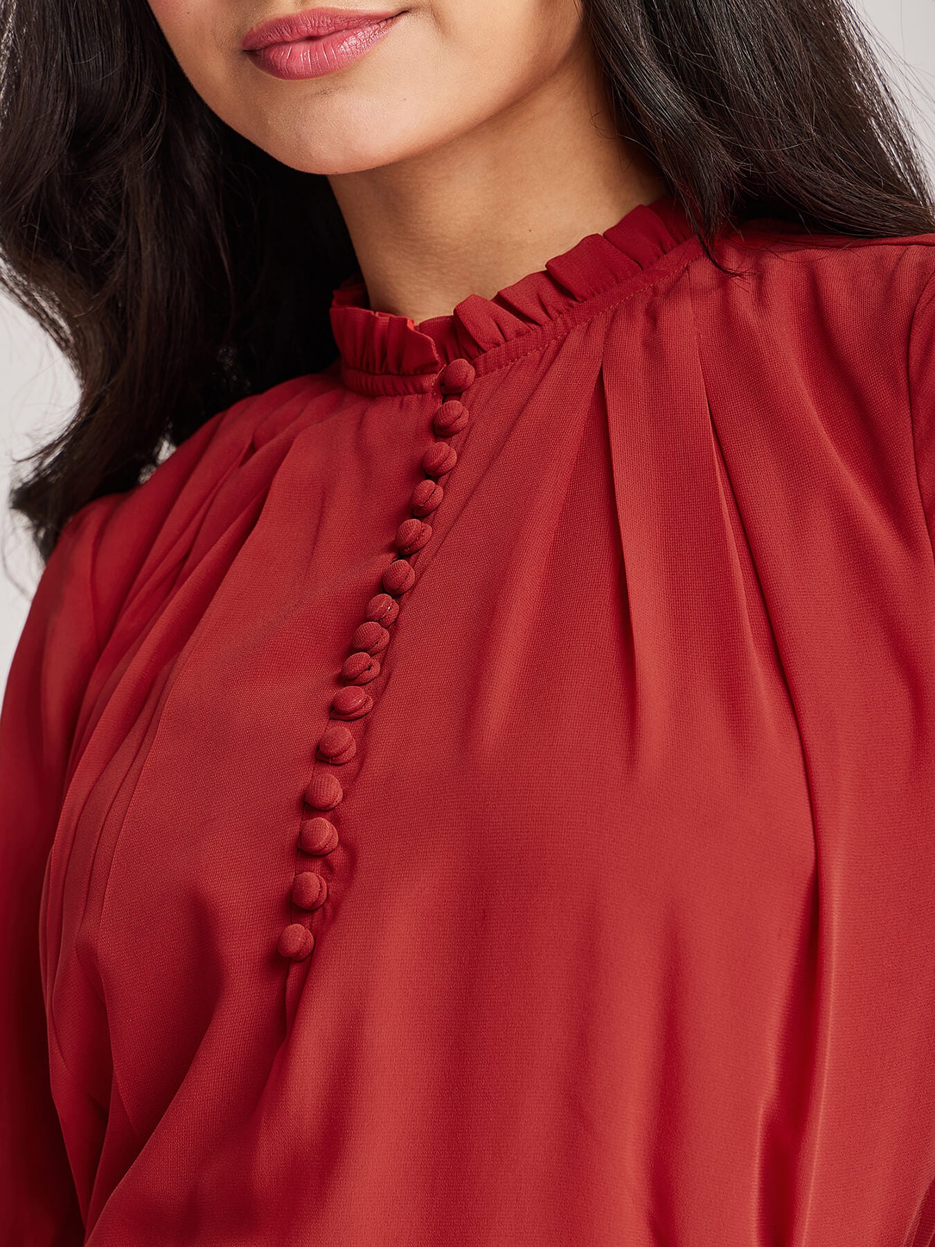 Pleat Detail Ruffle Top - Rust