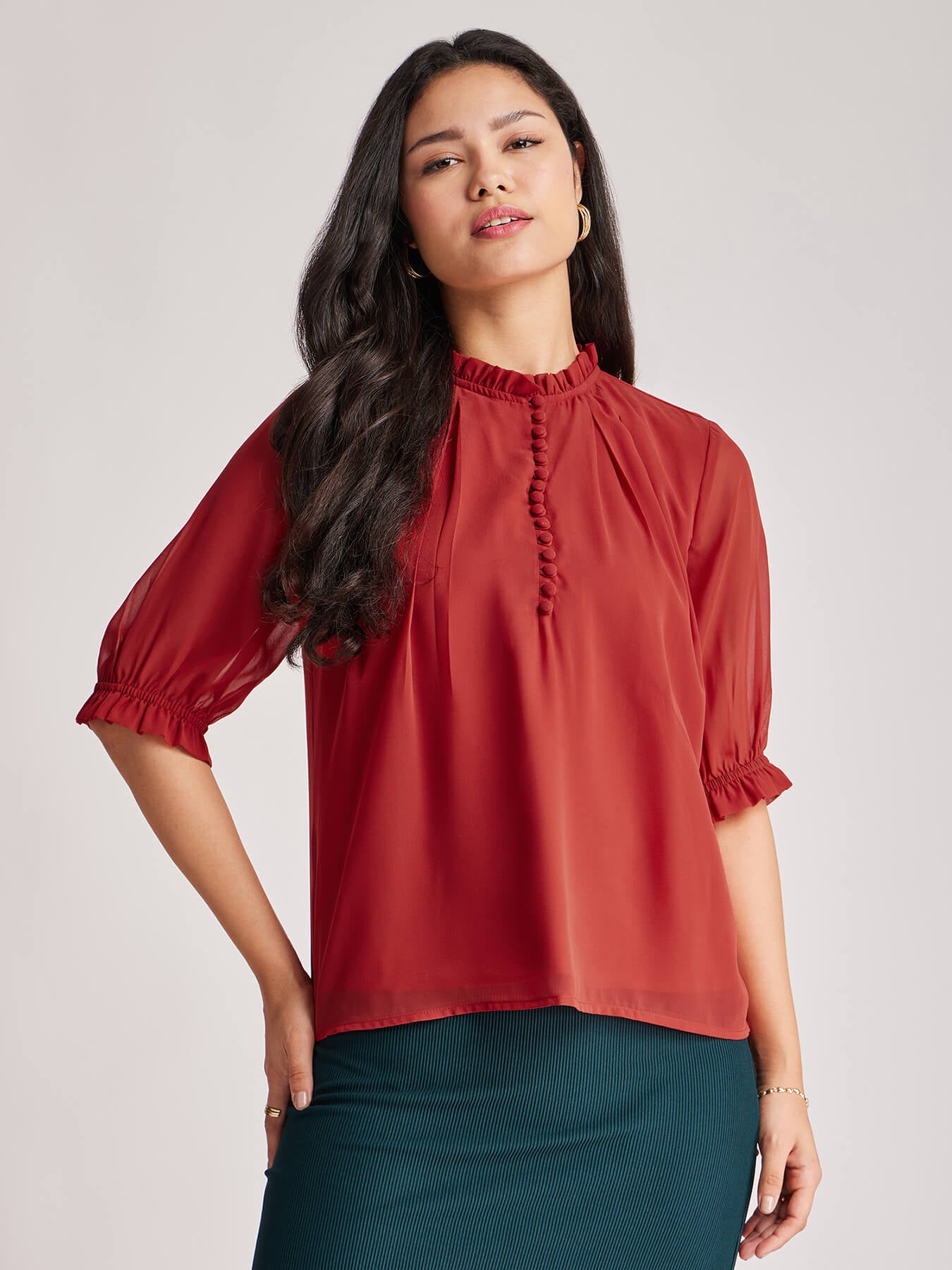 Pleat Detail Ruffle Top - Rust