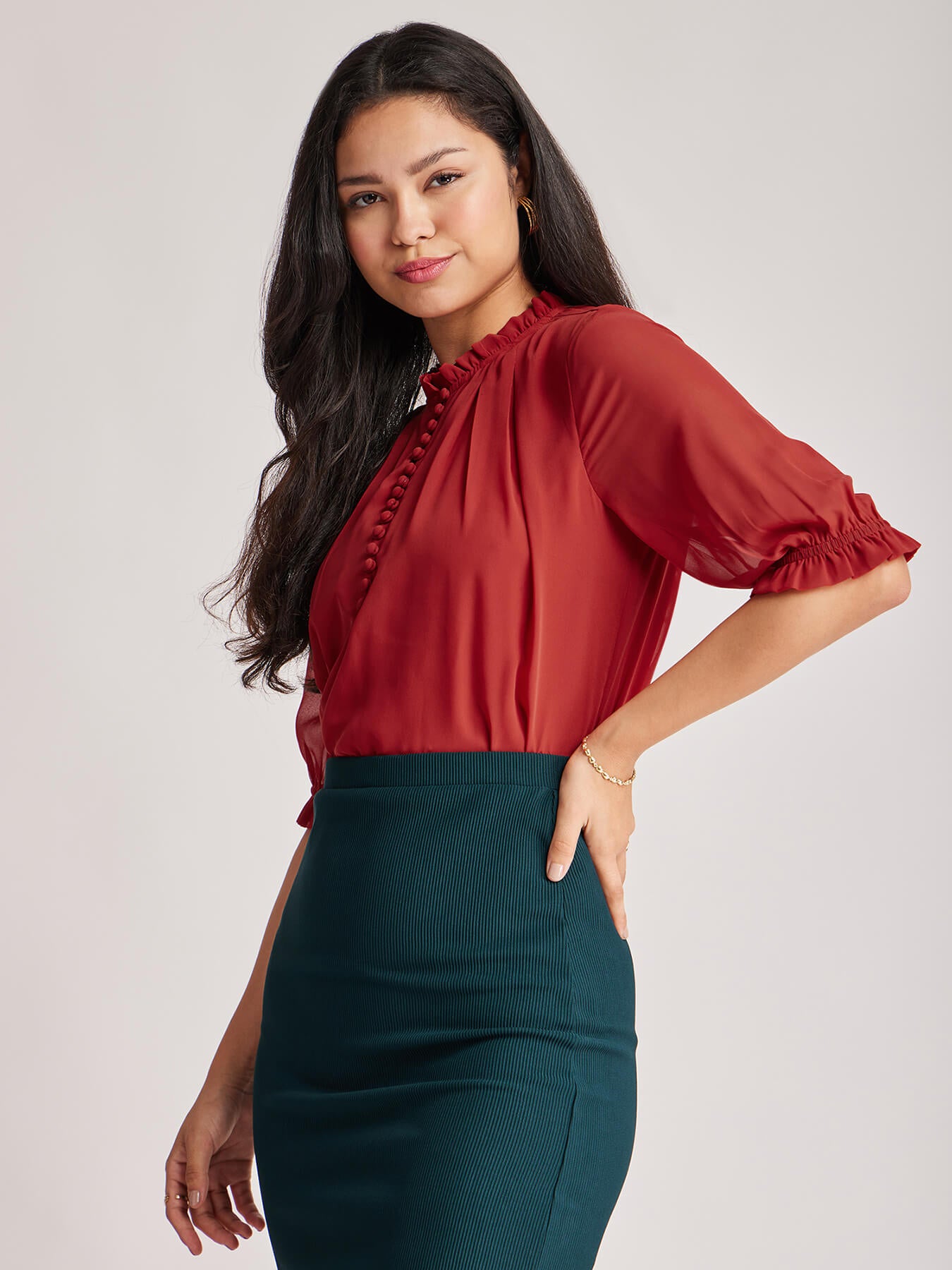 Pleat Detail Ruffle Top - Rust