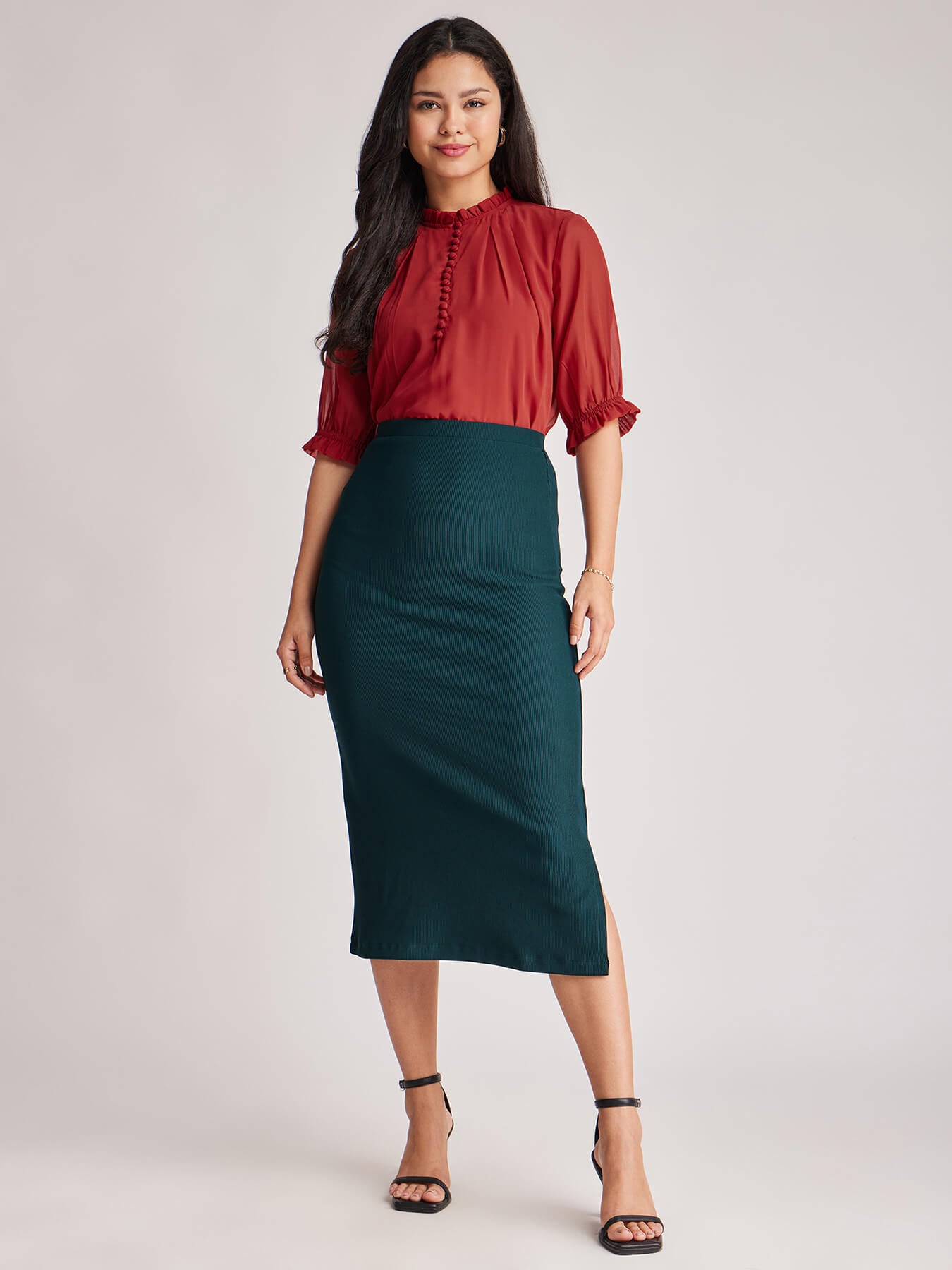 Pleat Detail Ruffle Top - Rust