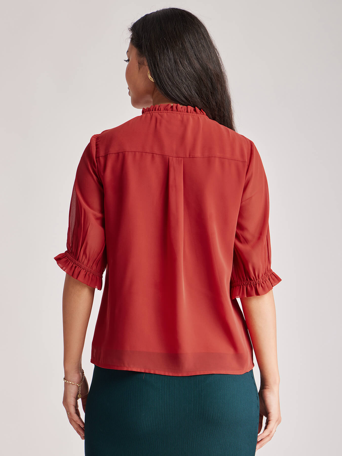 Pleat Detail Ruffle Top - Rust
