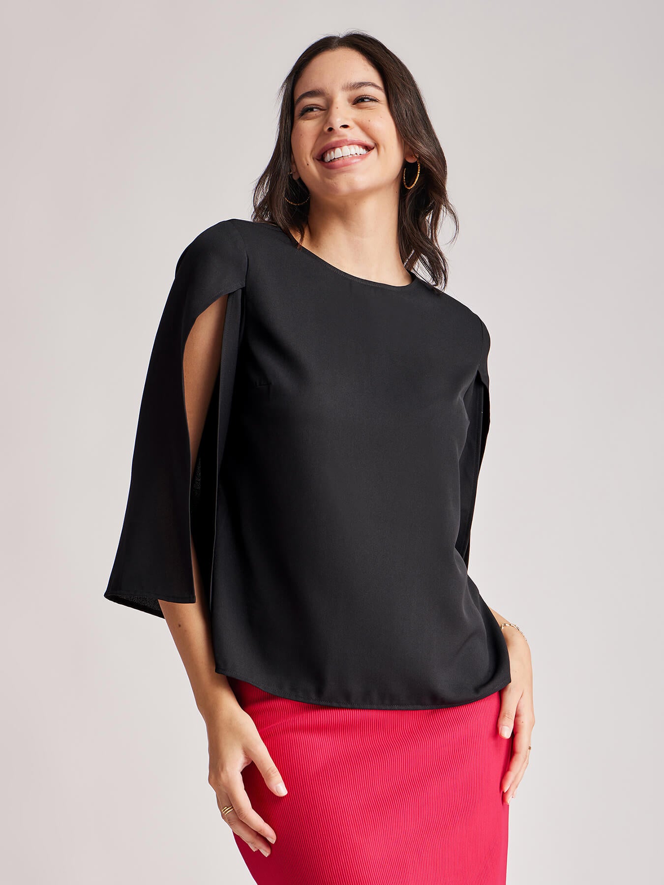 Slit Sleeves Round Neck Top - Black