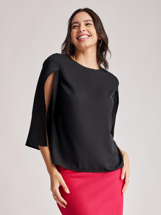 Slit Sleeves Round Neck Top - Black