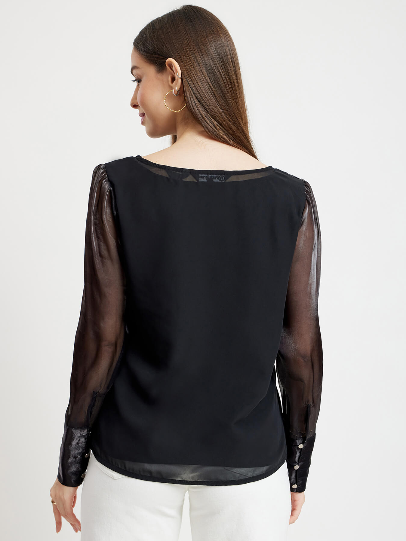Boat Neck Organza Sleeves Top - Black