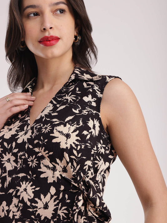Floral Print Top - Black And Beige