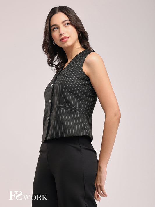 Woven Stripes Waistcoat - Black And White