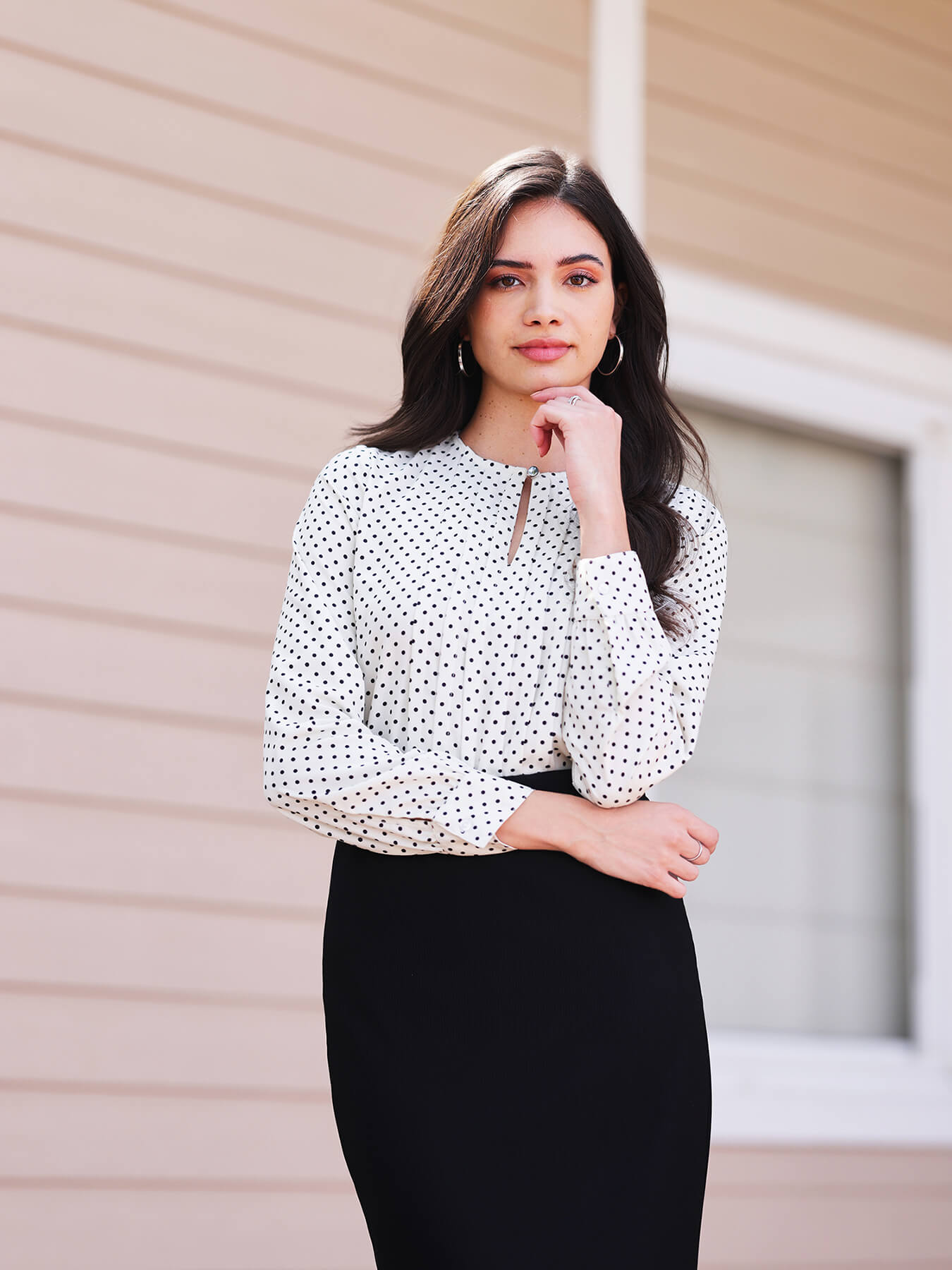 Polka Print Pleat Detail Top - Off-White