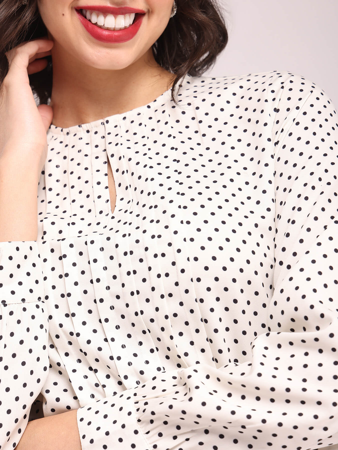 Polka Print Pleat Detail Top - Off-White