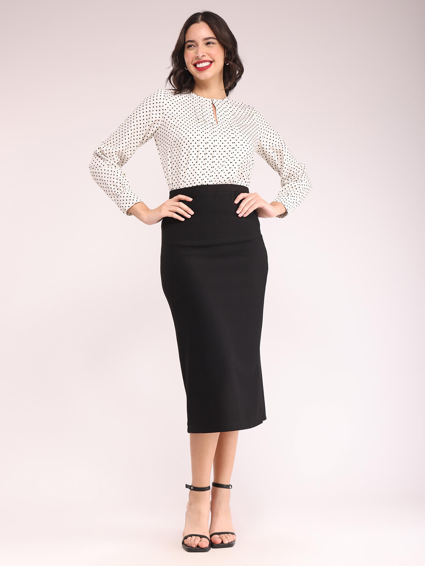 Polka Print Pleat Detail Top - Off-White