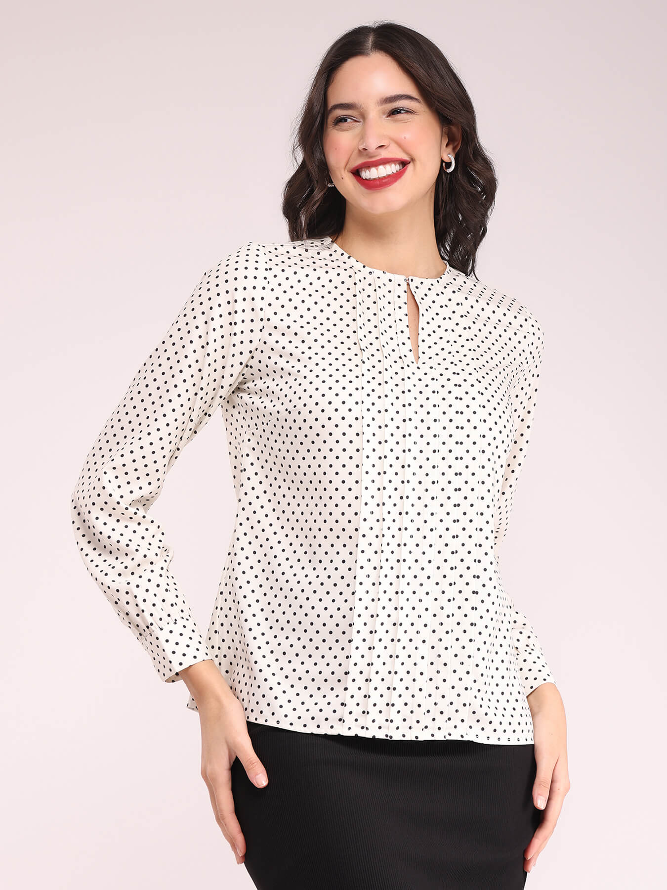 Polka Print Pleat Detail Top - Off-White