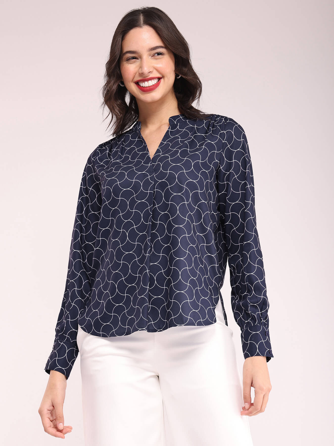 Geometric Print Top - Navy Blue