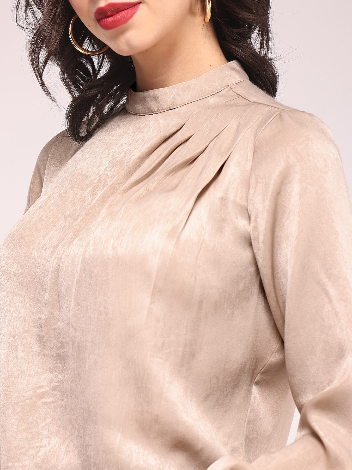 Satin Shoulder Pleat Detail Top - Beige