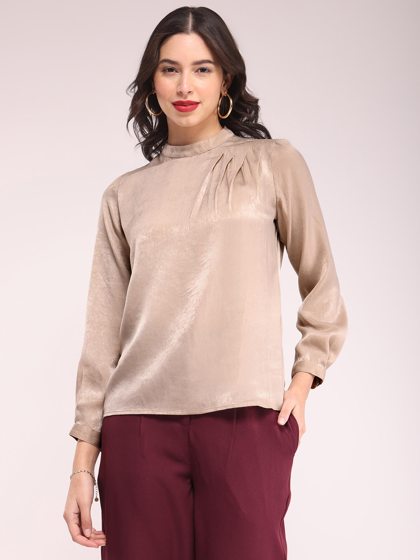 Satin Shoulder Pleat Detail Top - Beige