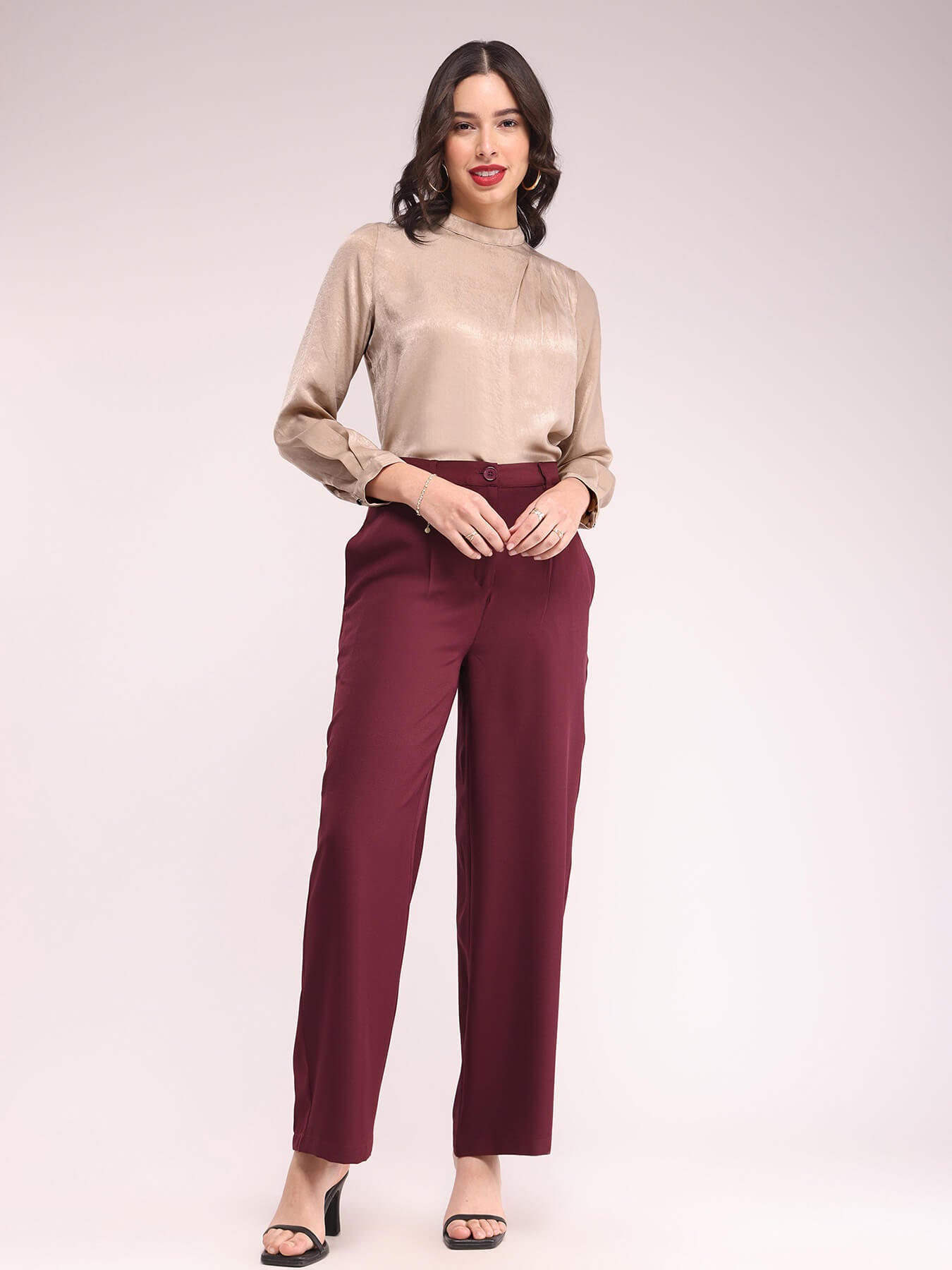 Satin Shoulder Pleat Detail Top - Beige