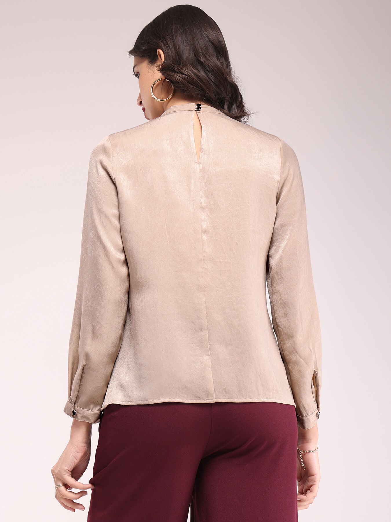 Satin Shoulder Pleat Detail Top - Beige