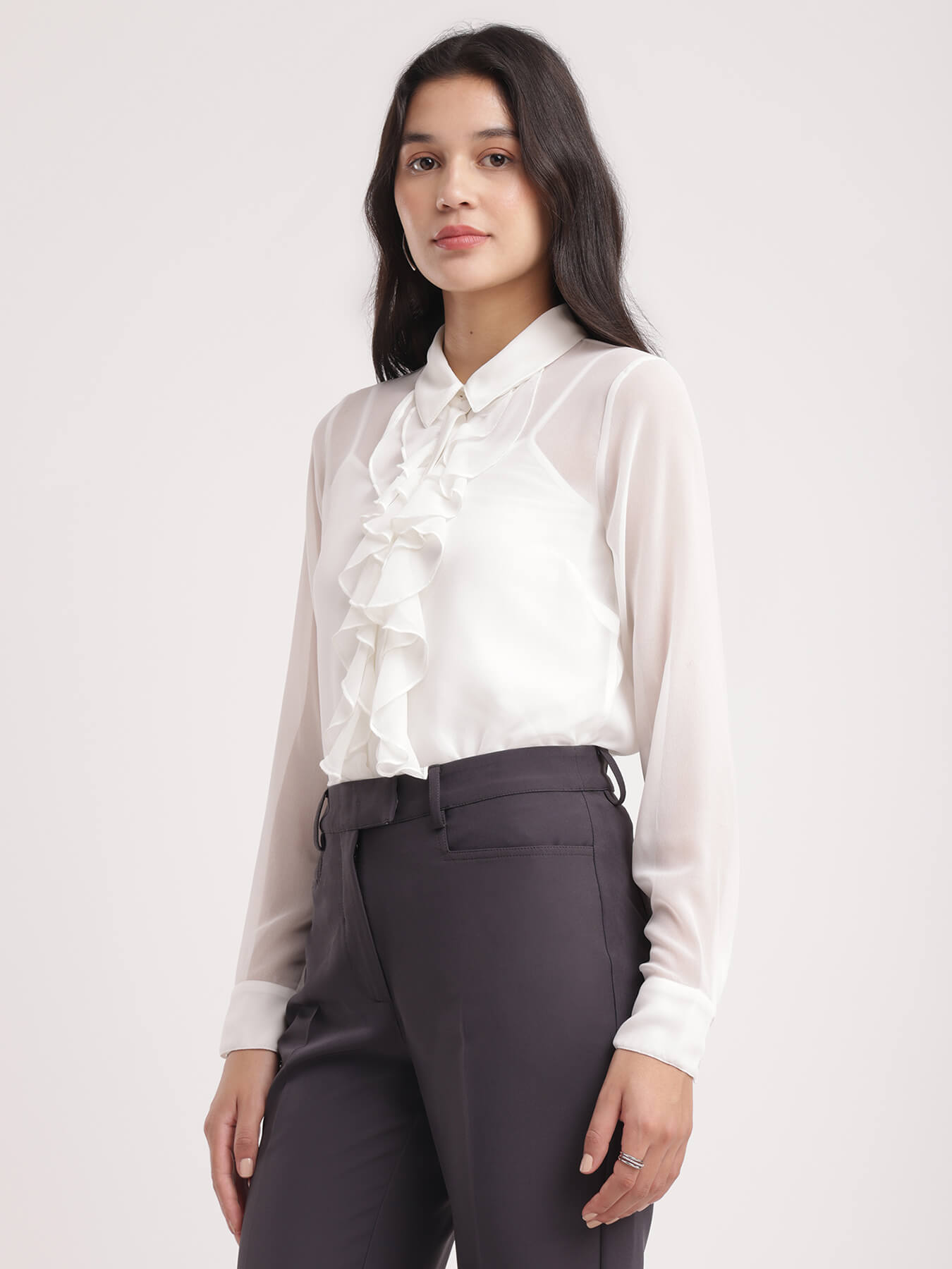 Button Down Ruffle Top - White