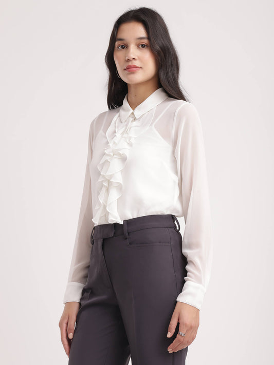 Button Down Ruffle Top - White