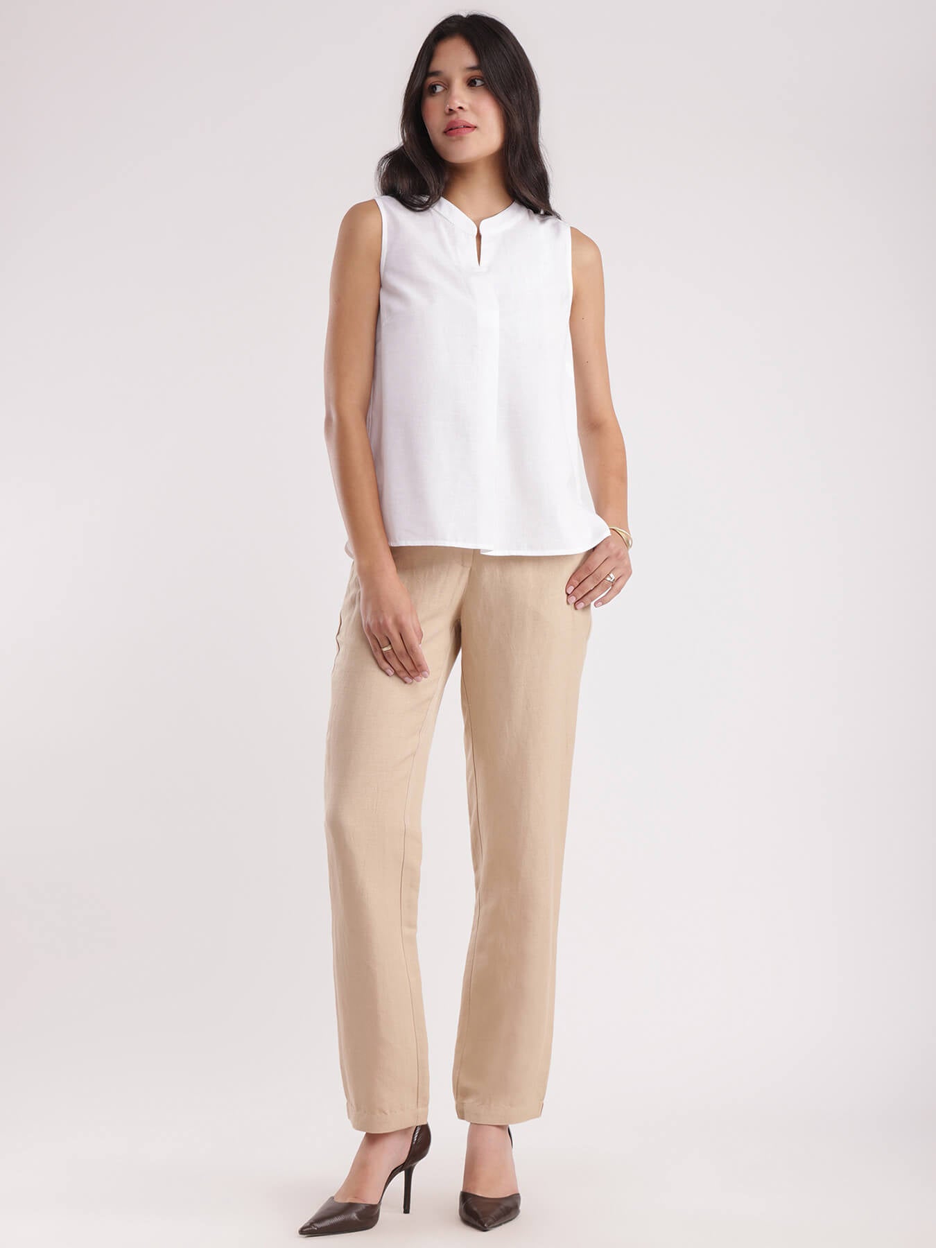 Linen Front Pleat Top - White