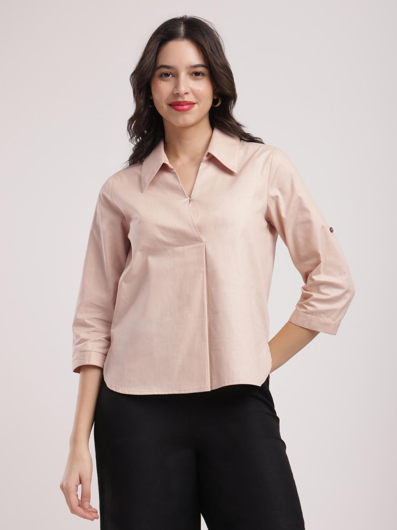 Cotton Linen Pleated Top - Beige