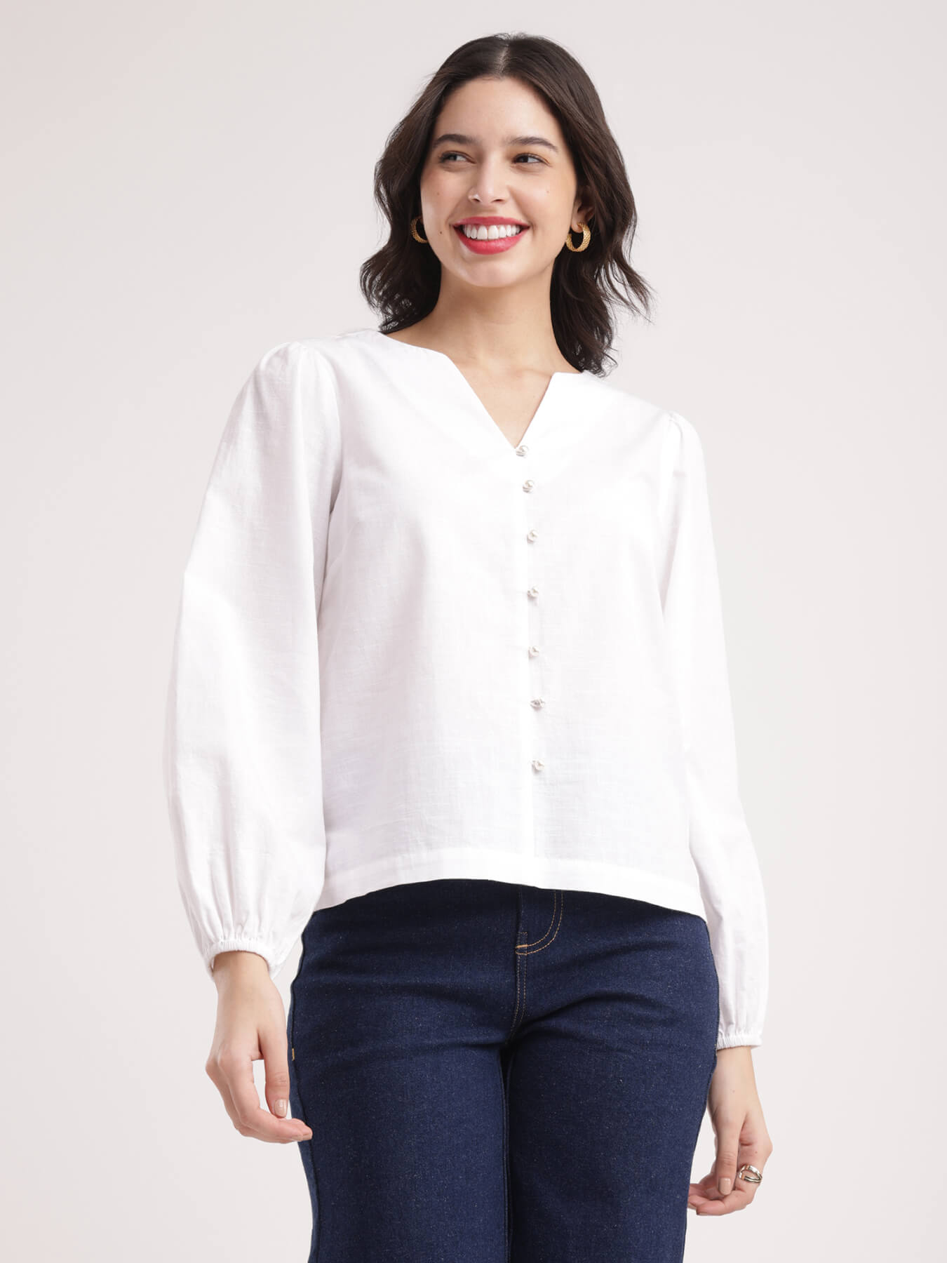 Cotton Linen V Neck Top - White