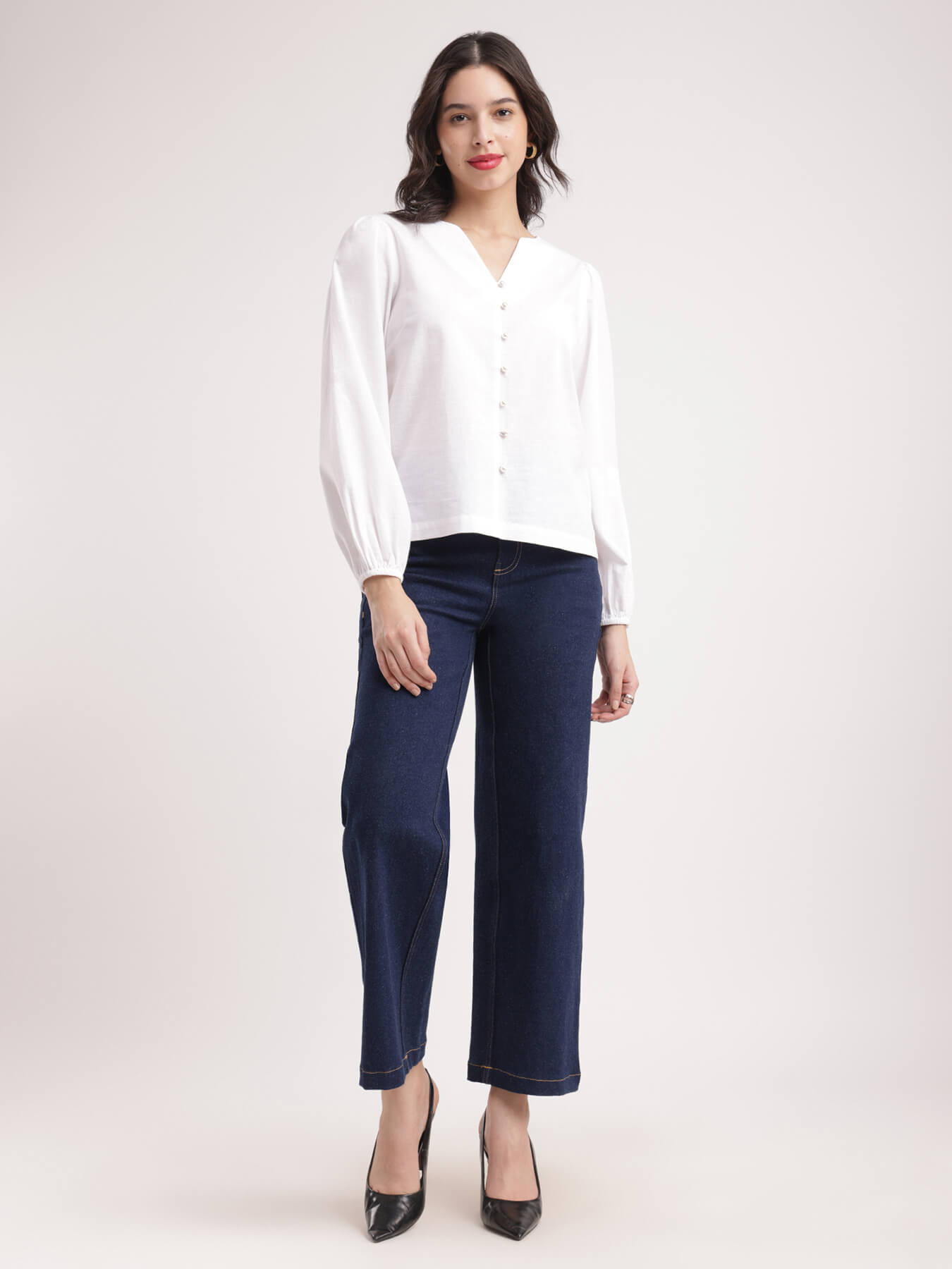 Cotton Linen V Neck Top - White