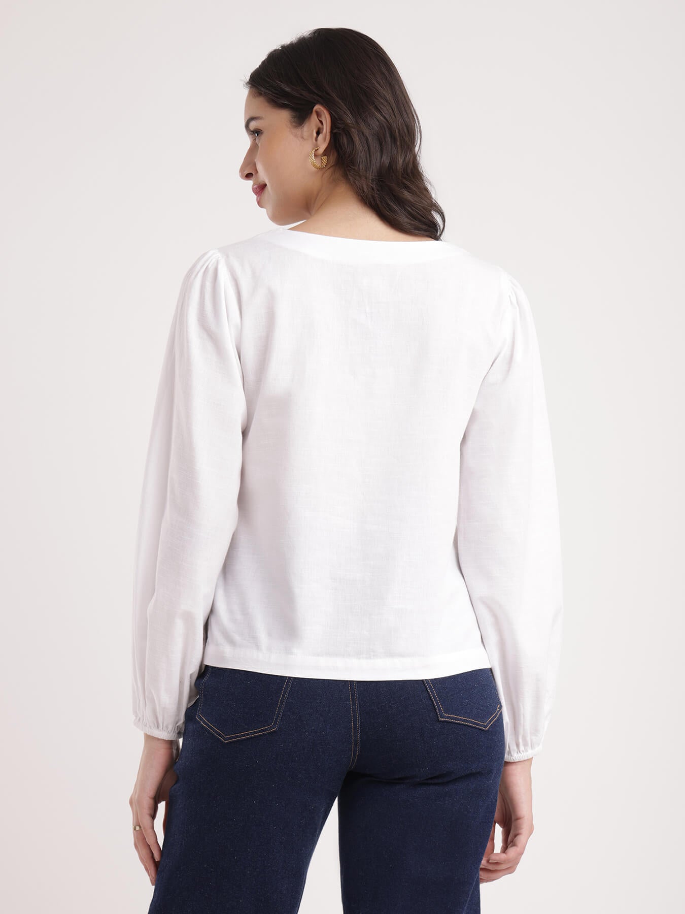 Cotton Linen V Neck Top - White