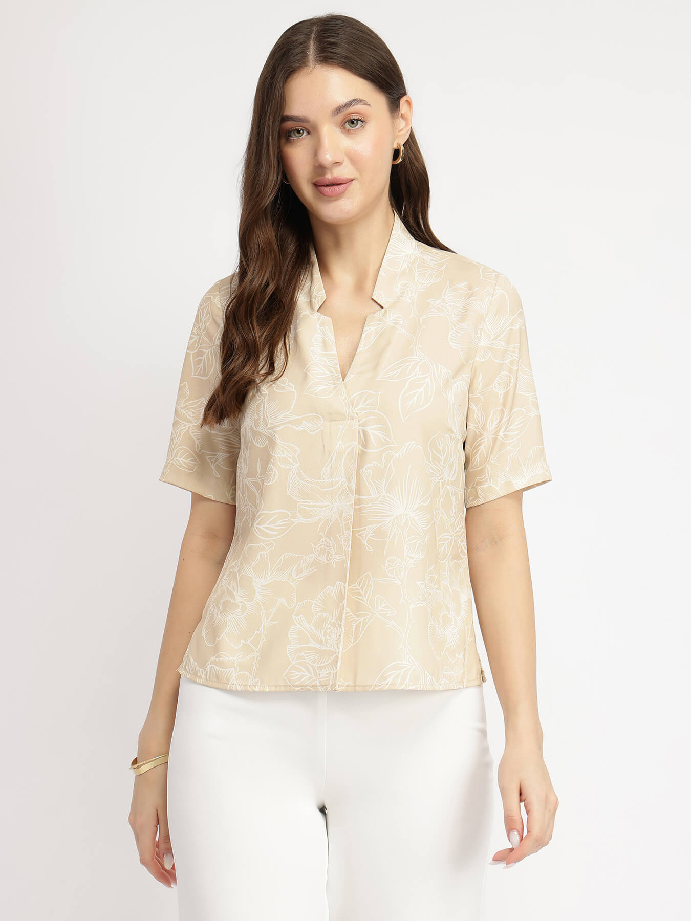 Floral Front Pleat Top - Beige