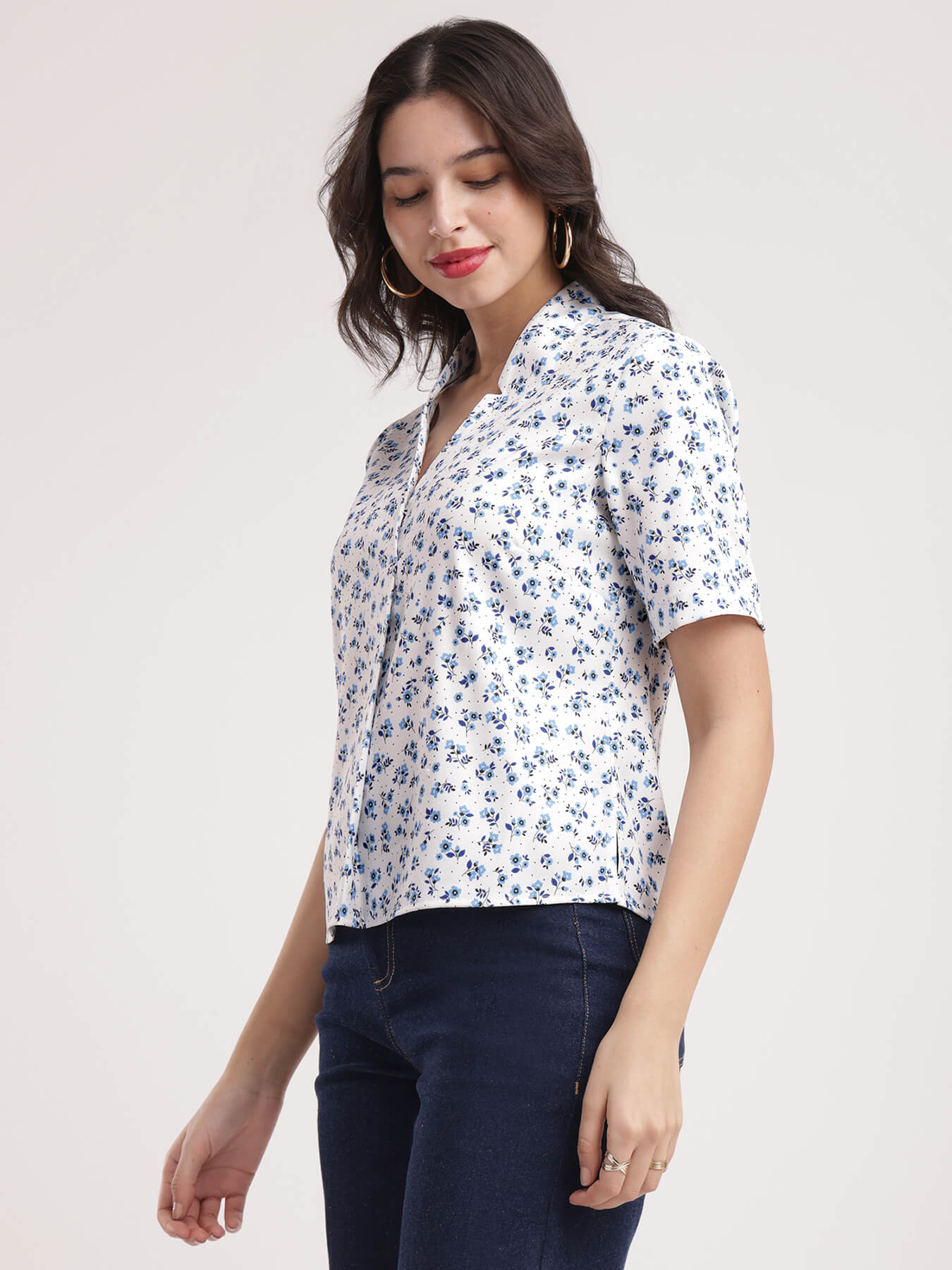 Floral Print Top - White And Blue