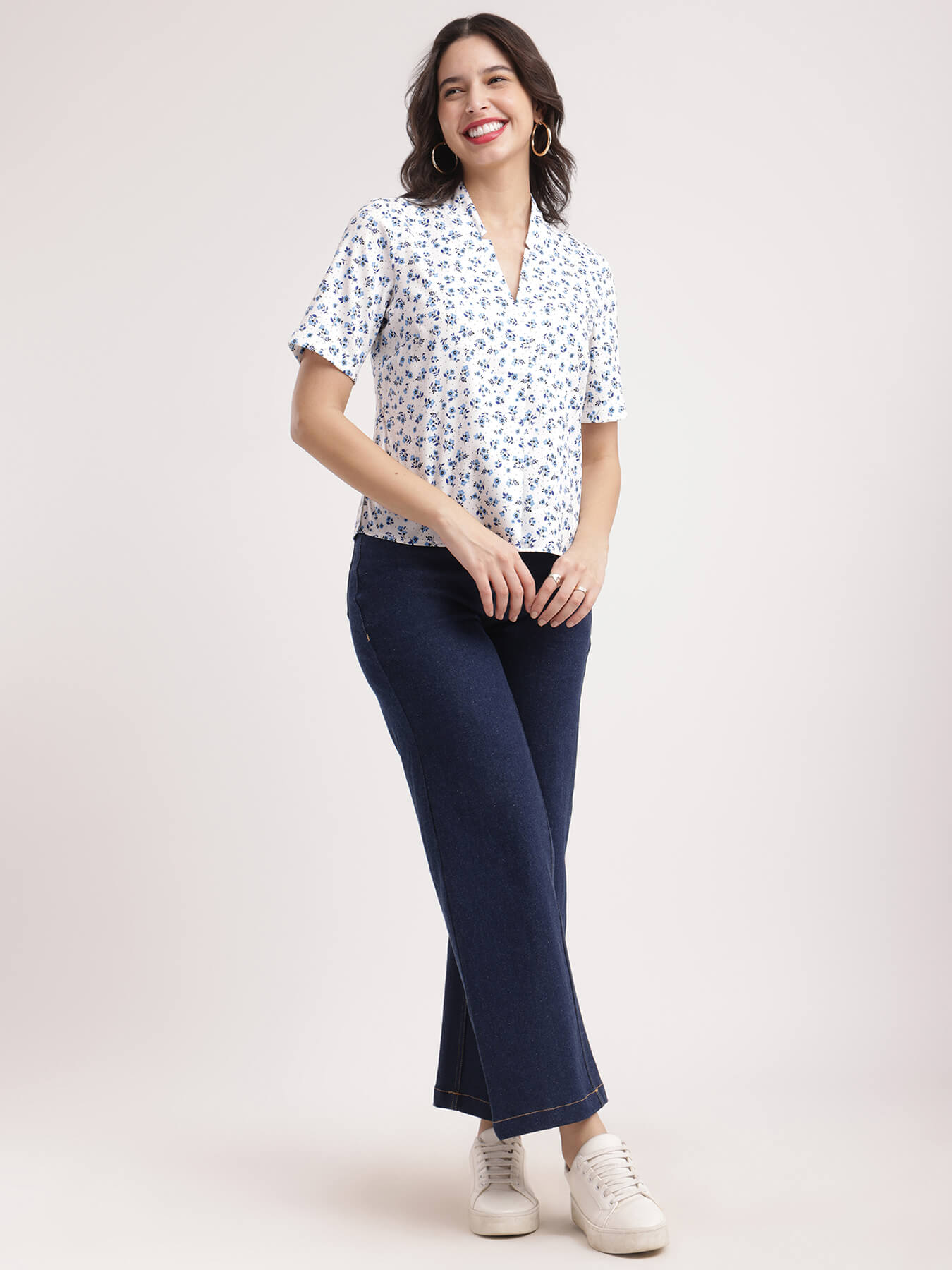 Floral Print Top - White And Blue