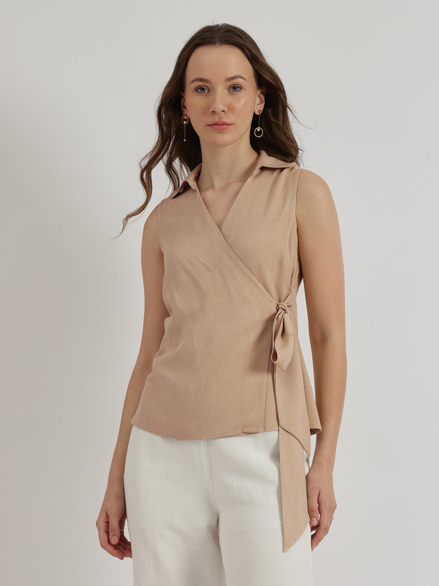 V-Neck Wrap Top - Beige