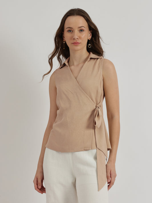 V-Neck Wrap Top - Beige