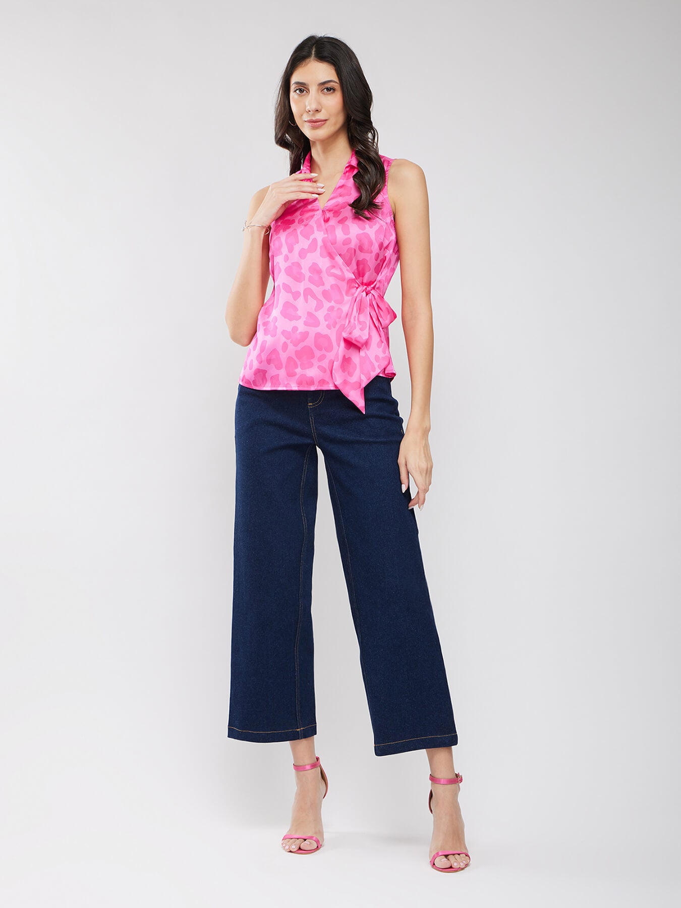 Satin Floral Print Wrap Top - Pink