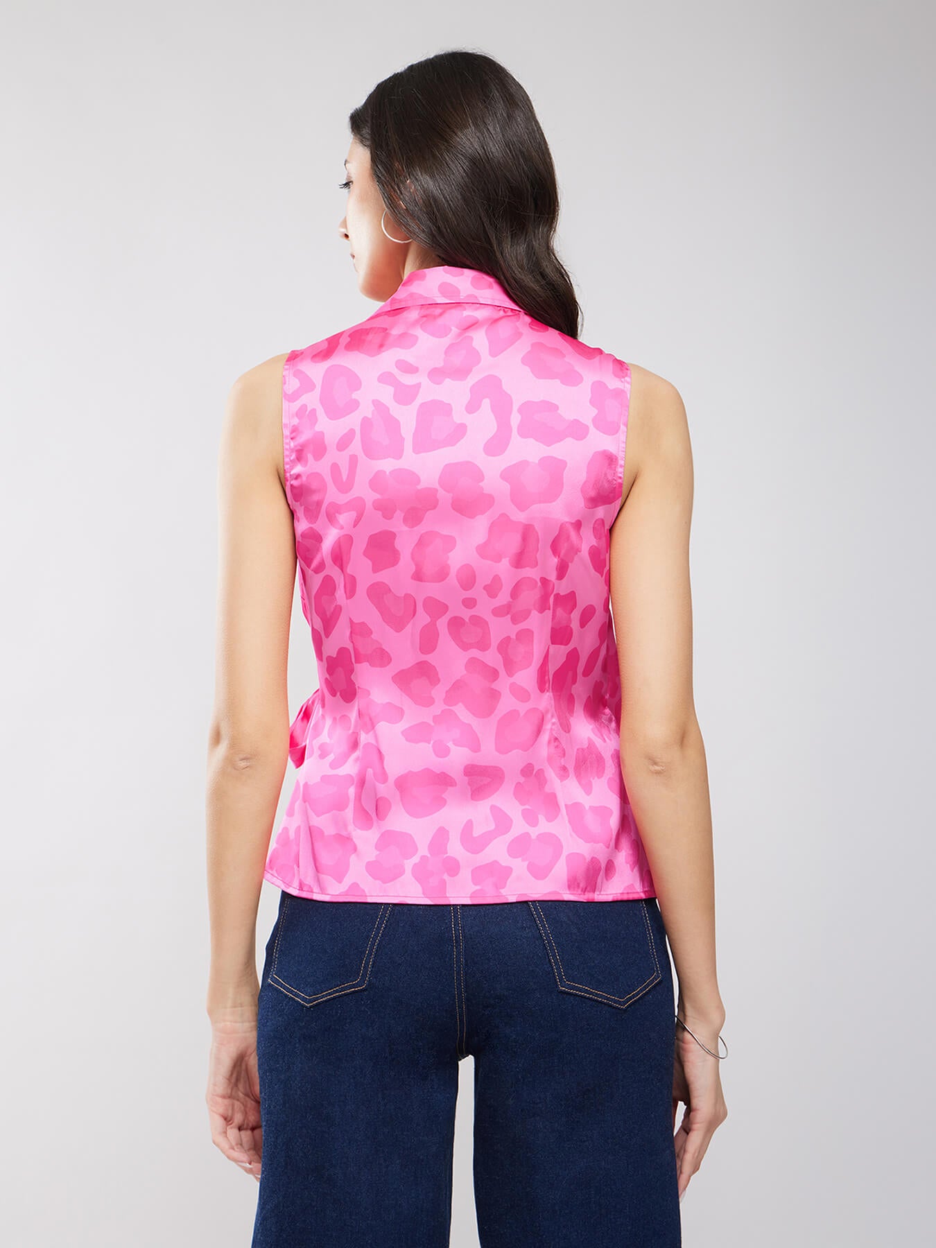 Satin Floral Print Wrap Top - Pink