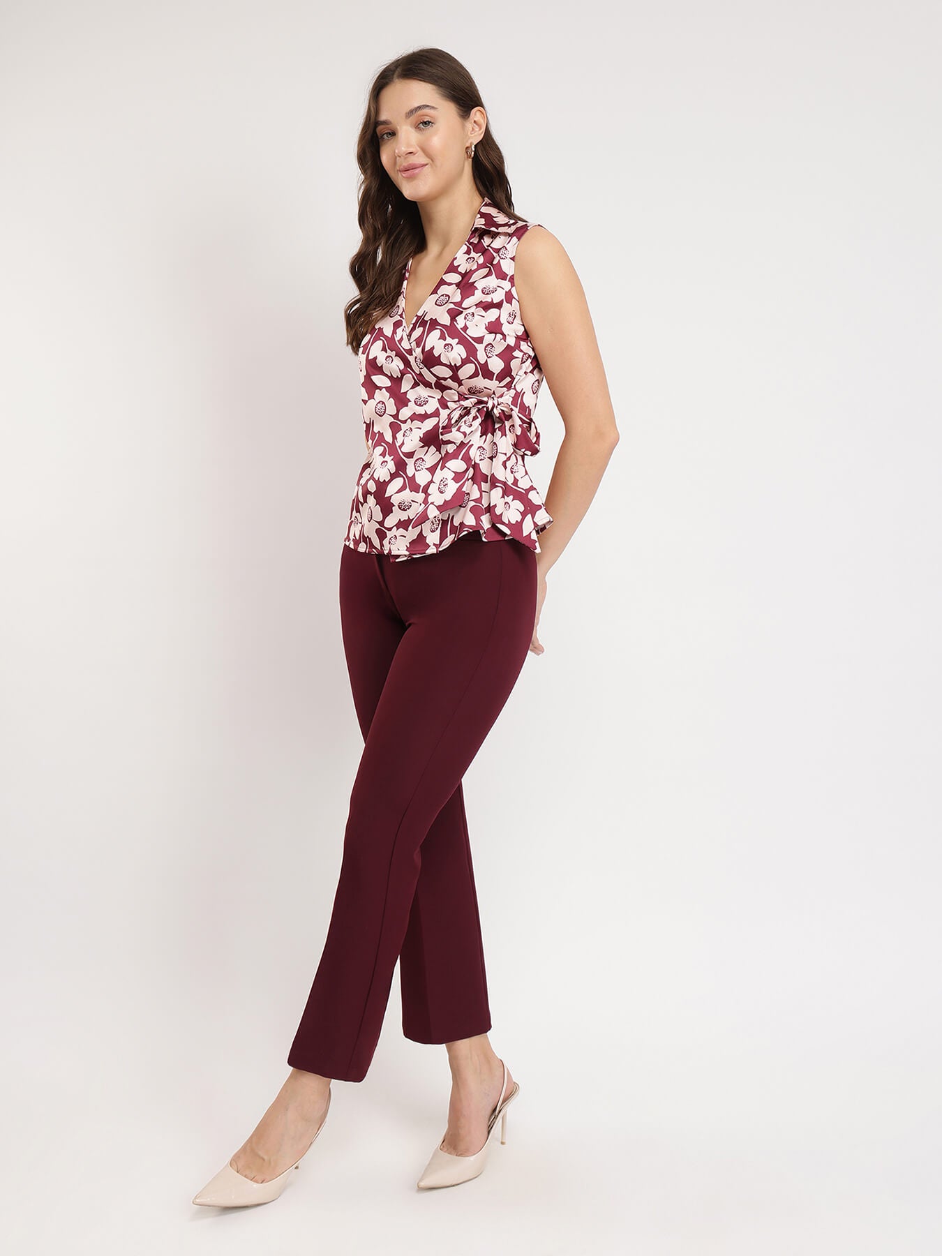 Stretchable Satin Floral Wrap Top - Burgundy