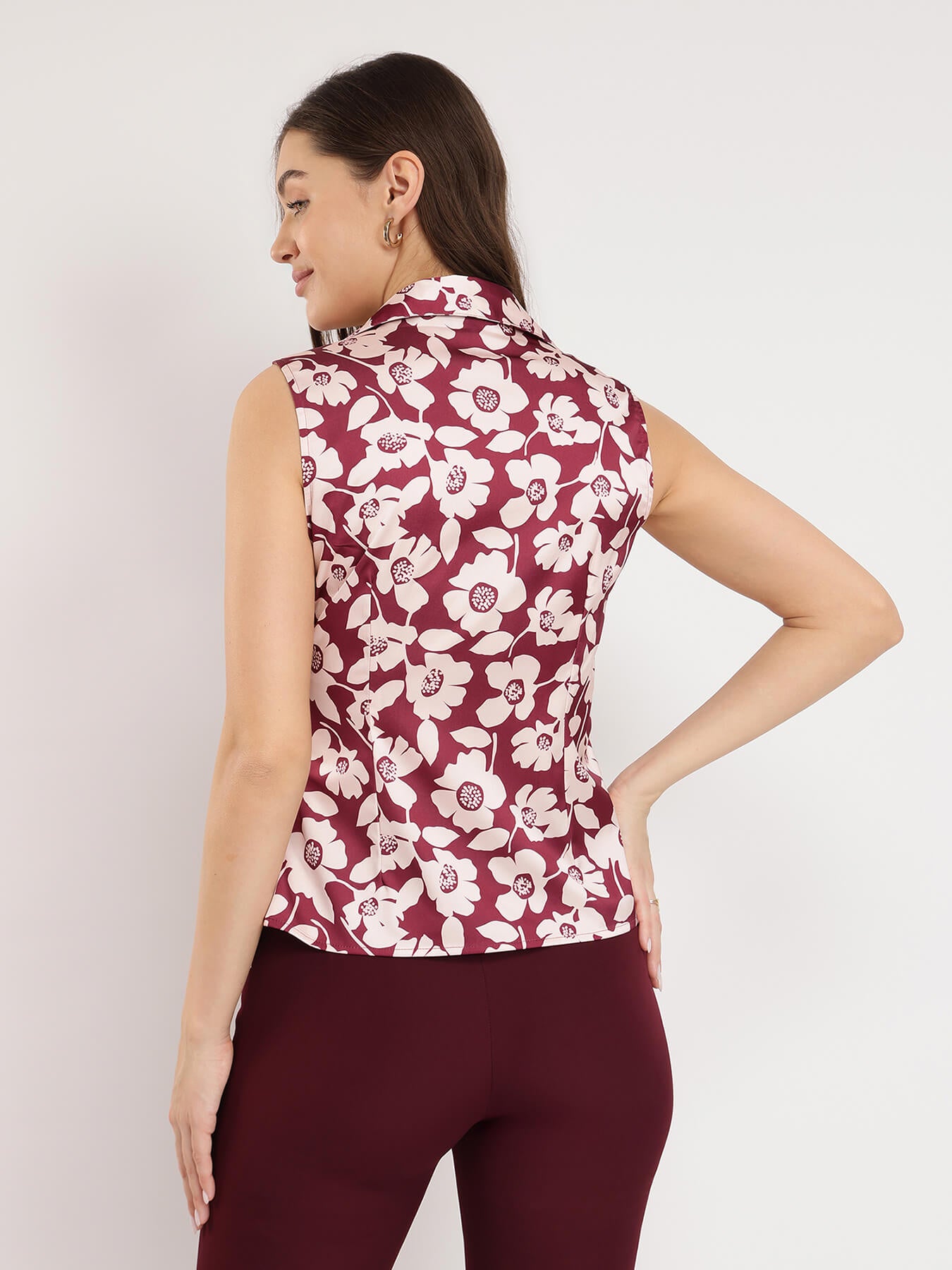 Stretchable Satin Floral Wrap Top - Burgundy