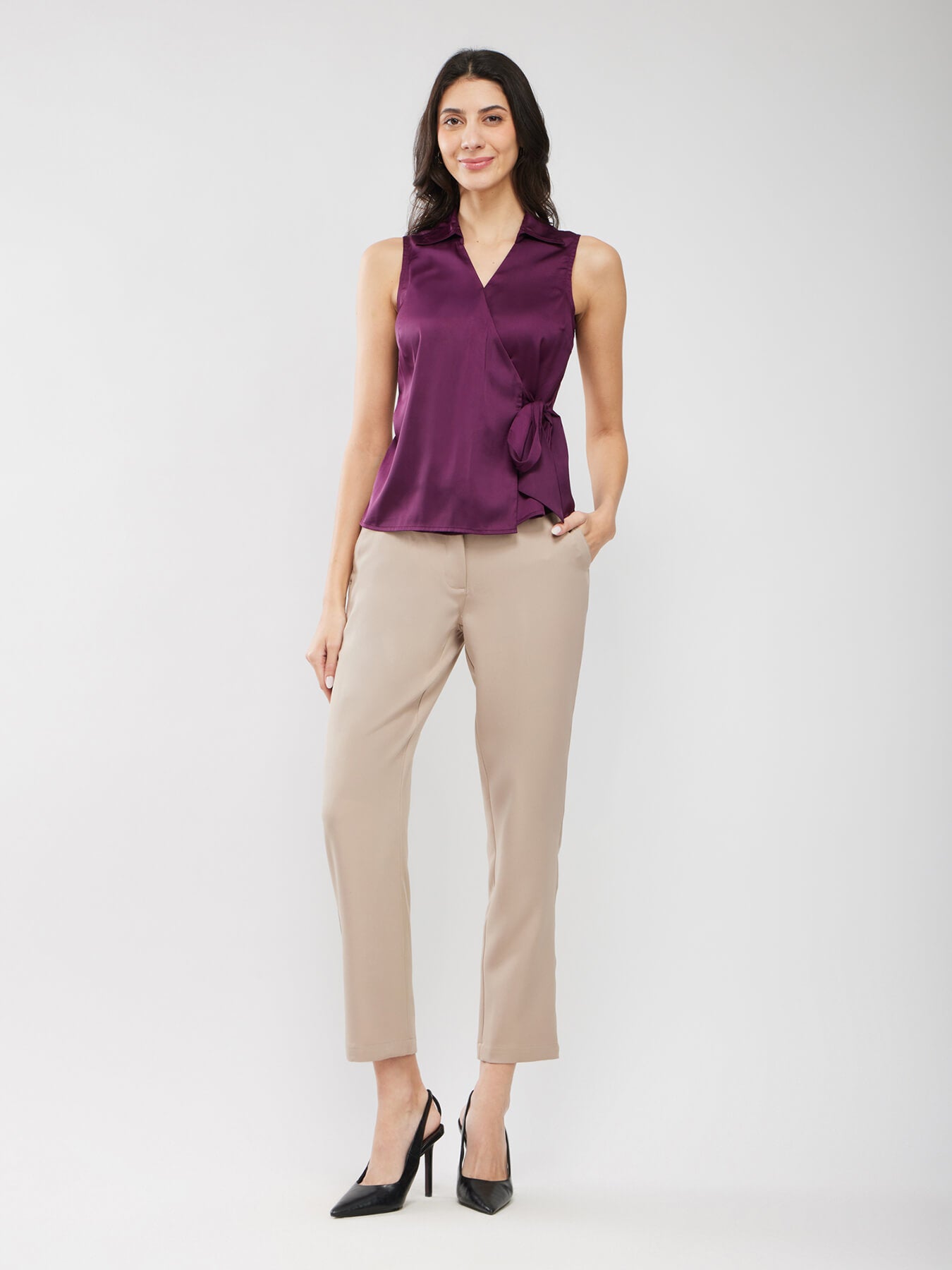 Satin Wrap Top - Plum