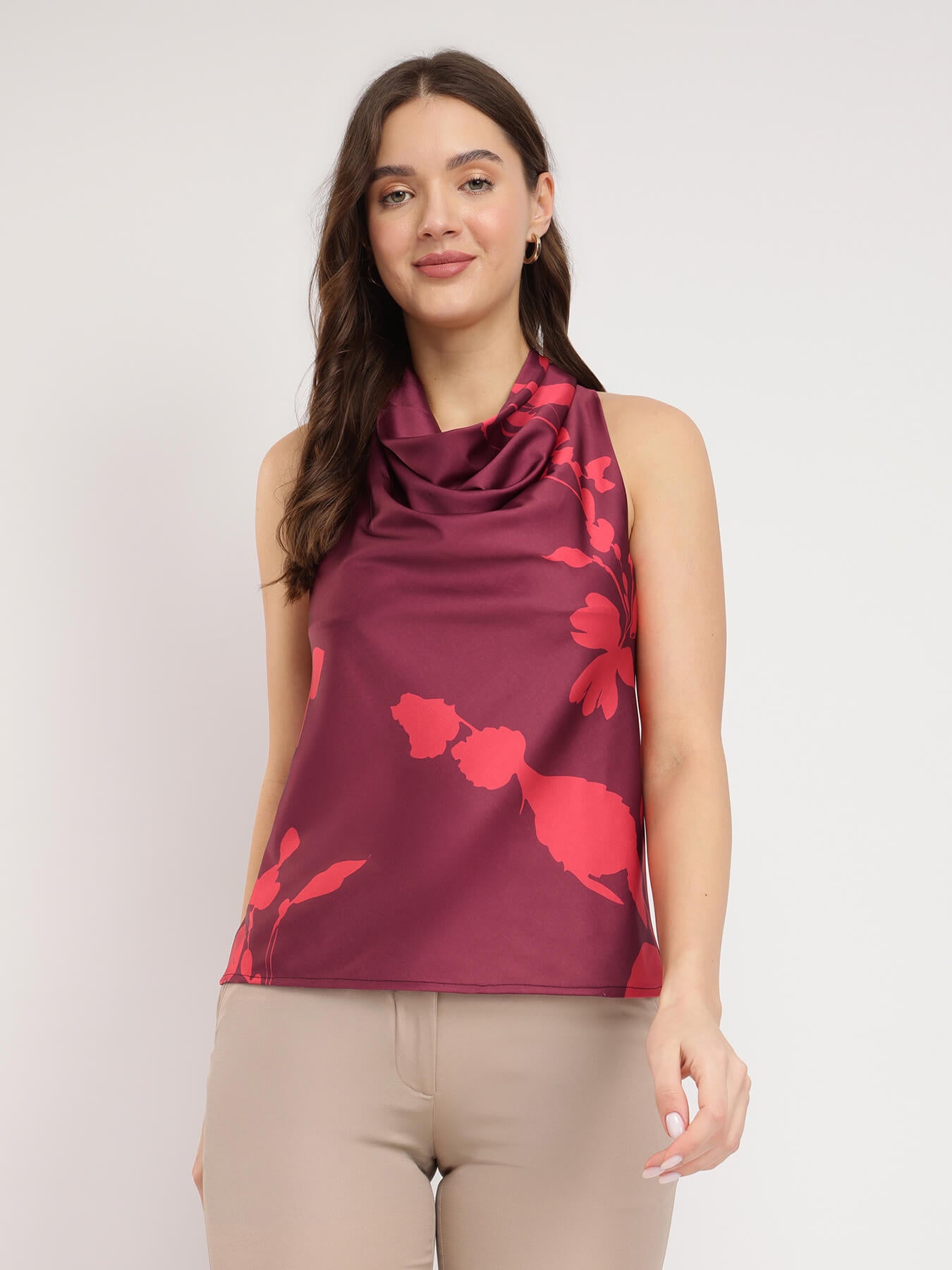 Stretchable Satin Halter Neck Top - Burgundy