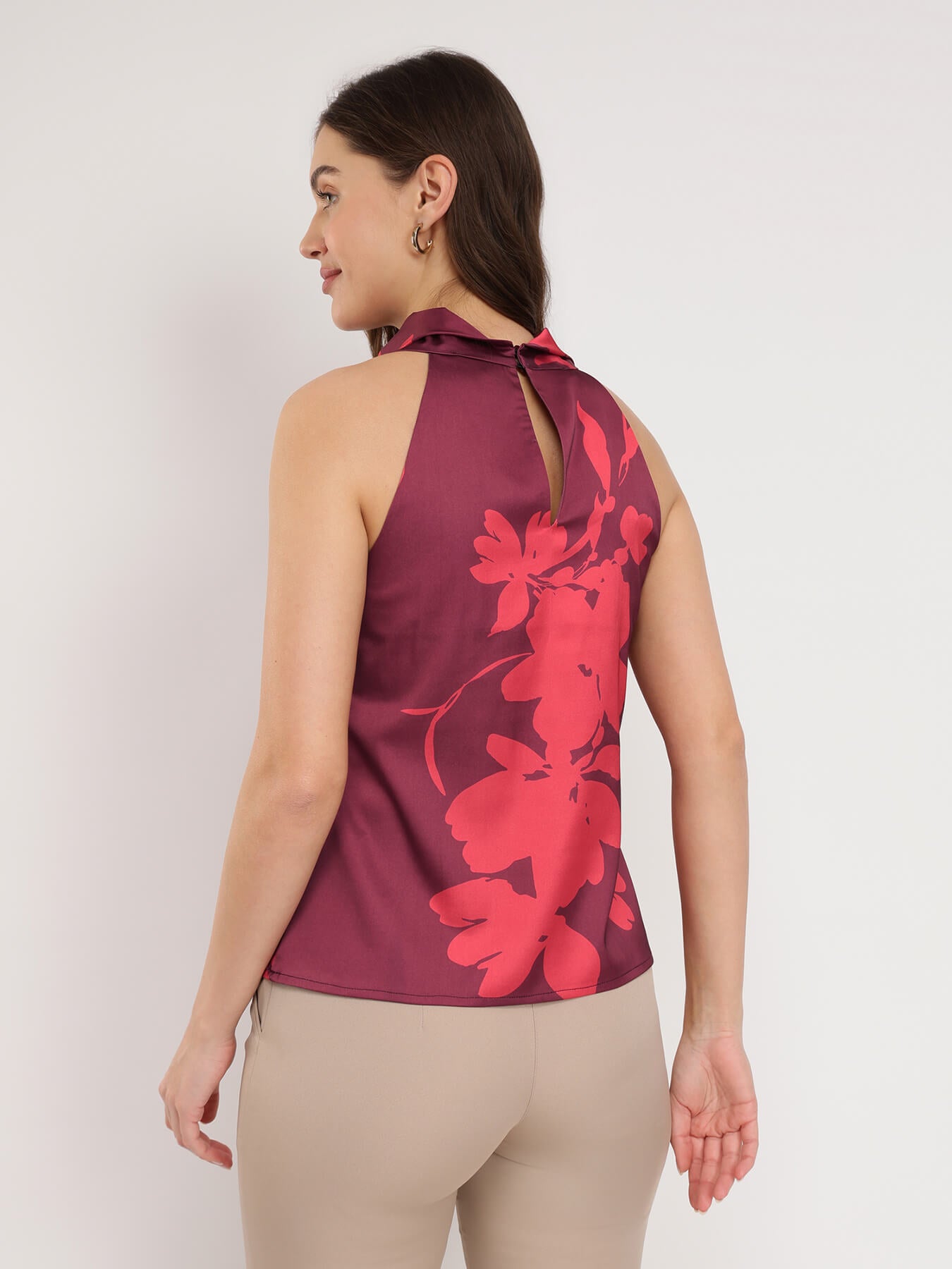 Stretchable Satin Halter Neck Top - Burgundy