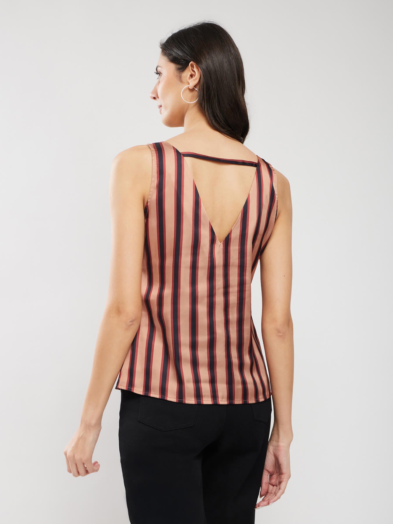 Satin Striped Top - Brown And Navy